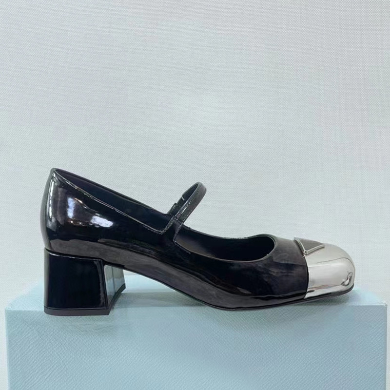 

2023brand new Summer new triangle buckle round head leather iron head bag Mary Jane shoes women's thin section full drill gas belt banquet high heels 5cmSandals, Shoe box