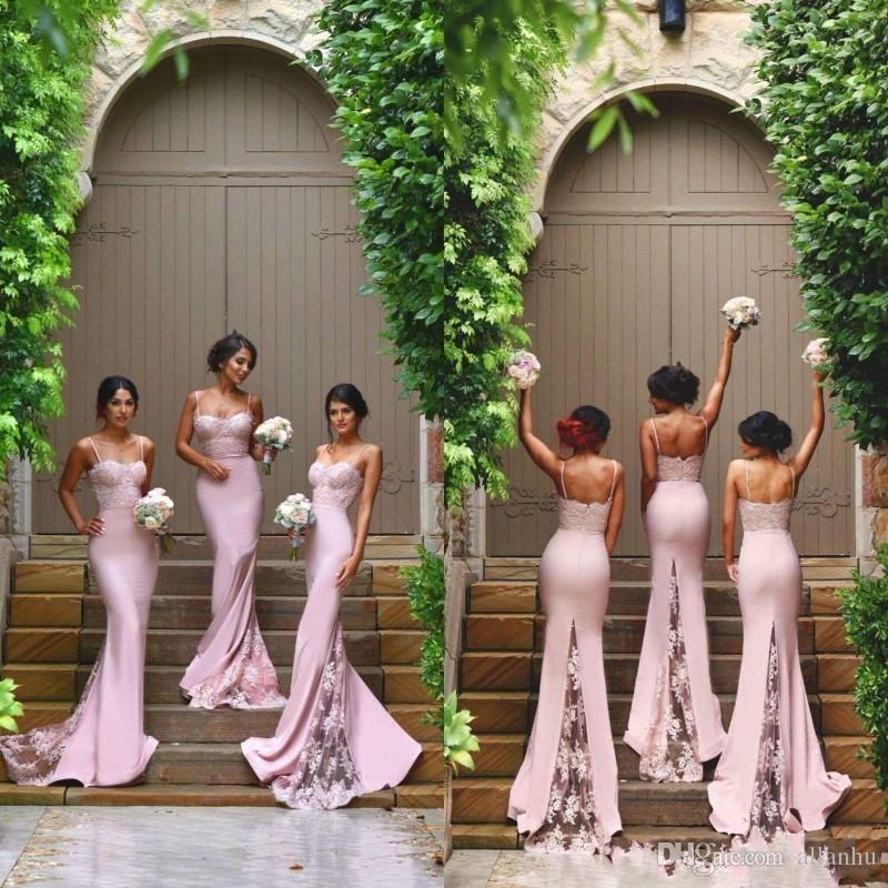 

Pink Sexy Mermaid Bridesmaid Dresses Spaghetti Straps Lace Appliques Backless Floor Length Satin Custom Made Cheap Prom Dress Formal Party Wear, Burgundy