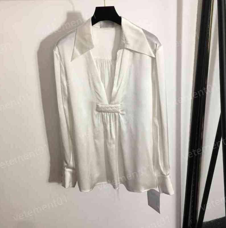 

Womens Blouses Shirts Brand White Solid V-Neck Lapel Long Sleeve Silk Shirt Tops Fashion Casual Luxury Blouses Designer For Women 0912