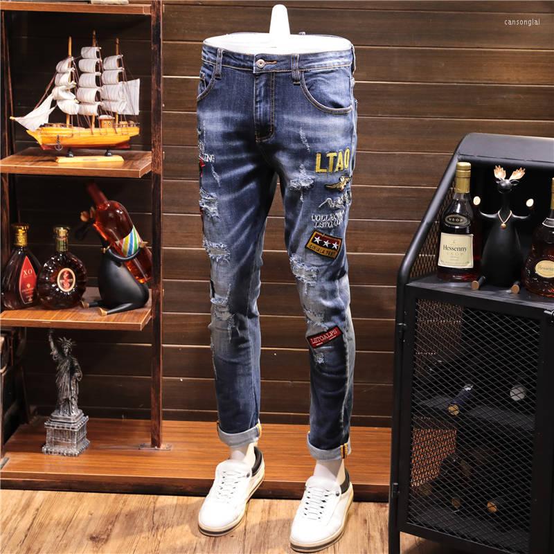 

Men's Jeans Men's Blue Ripped Pants Holes Embroidery Patch Pencil J48Men's
