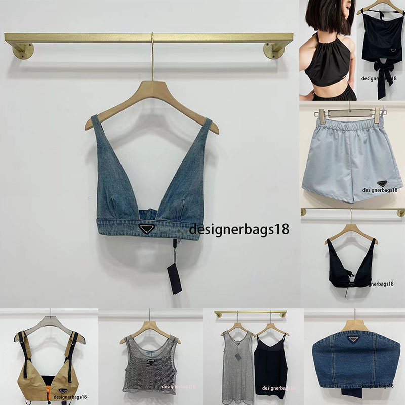 

Womens Tops & Tees Designers T Shirts Underwear With Metal Triangle Badge Sexy Deep V Denim Sling Tube Tops blouses Women Clothing pleated skirt, Blue