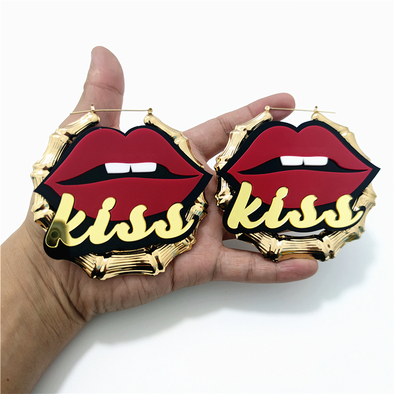 

KISS Red Lips Big Bamboo Hoop Earrings for Women Mirror Gold Letter Hyperbole Hiphop Rock Acrylic Festival Party Jewelry