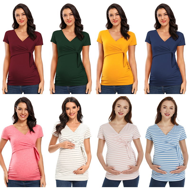 

Maternitys Short Sleeve Shirts Maternity Clothes Pregnant Summer Blouse Breastfeeding V-Neck Sexy Tops for Pregnancy Breastfeed 220419, Pic