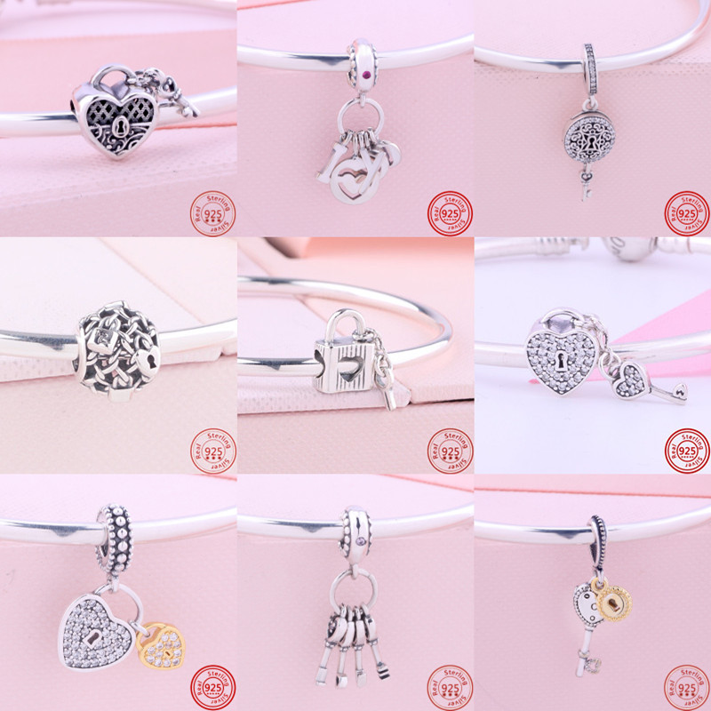 925 Sterling Silver Dangle Charm Serrure Clé Cadenas Coeur Amour Pendentif Mode Perles Creuses Perle Fit Pandora Charms Bracelet DIY Bijoux Acces
