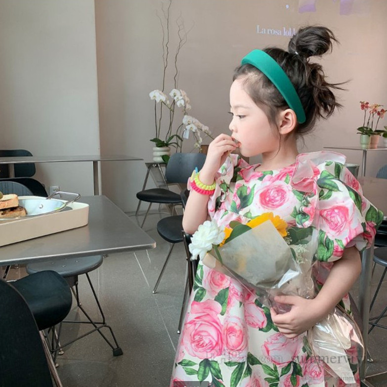 

Sweet Girls floral printed dresses kids puff sleeve princess dress 2022 summer children beach holiday clothing Q5384, Pink