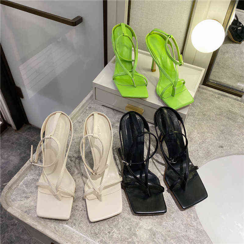 

Summer Clip Toe Hollow Women's Cross Ribbon One-way Buckle Sandals Square Head Foot Thin Heel High-heeled, Apricot
