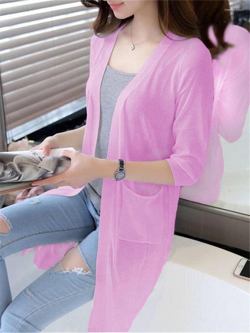 

Women' Knits & Tees Korean Ice Silk Sunscreen Clothes Medium Length Women Lightweight Elegant Half Sleeve Pocket Cardigan Knit TopsWomen, Rose