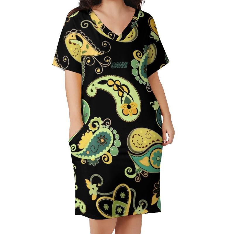 

Plus Size Dresses Easter Art Casual Dress Ladies Vintage Print Pretty Holiday V Neck Basic Printed SizePlus, Style-13