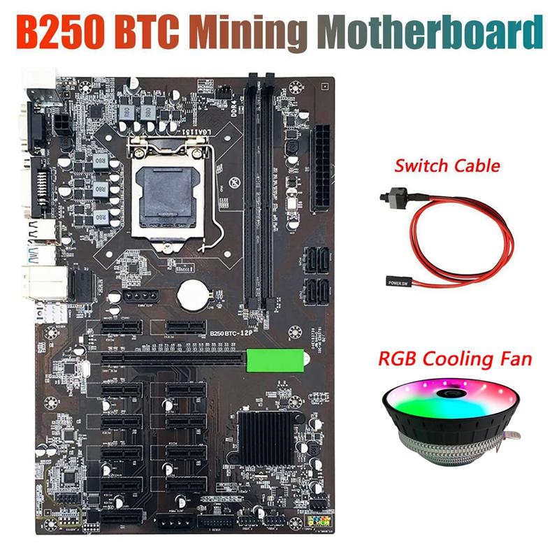 

Motherboards B250 BTC Miner Motherboard With RGB CPU Cooling Fan+Switch Cable 12XGraphics Card Slot LGA 1151 DDR4 SATA3.0 For