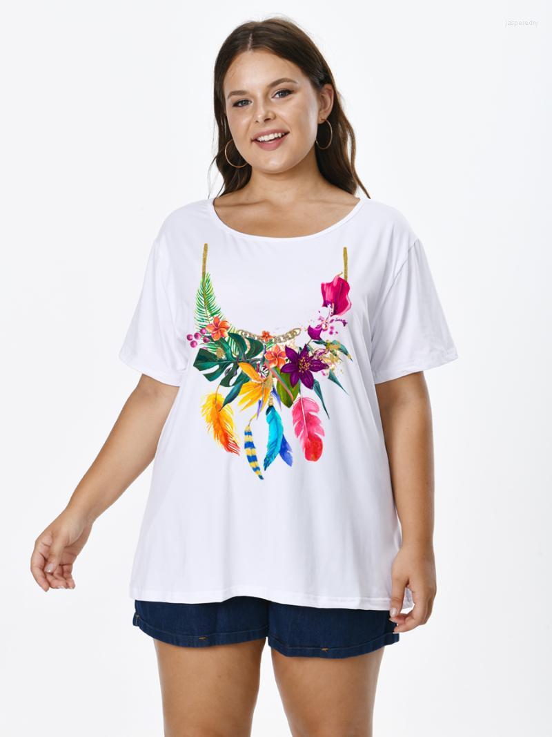 

Women's Plus Size T-Shirt Women With Flowers Print O-neck Short Sleeve Tops For FEMMES Large Tunics Blouses Mujeres Talla 22061504Women's Ja, White