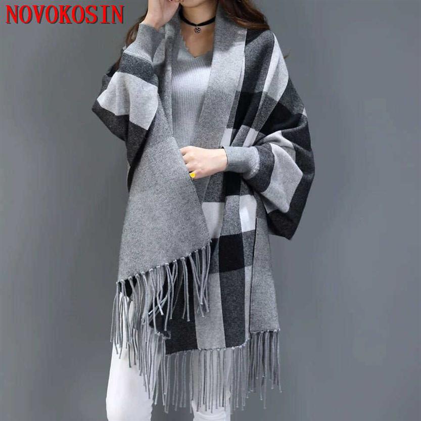 

2020 Oversize Lattice Scarf Winter Knitted Plaid Poncho Women Red Grey Checks Designer Female Long Sleeves Tassel Wrap X0722268N