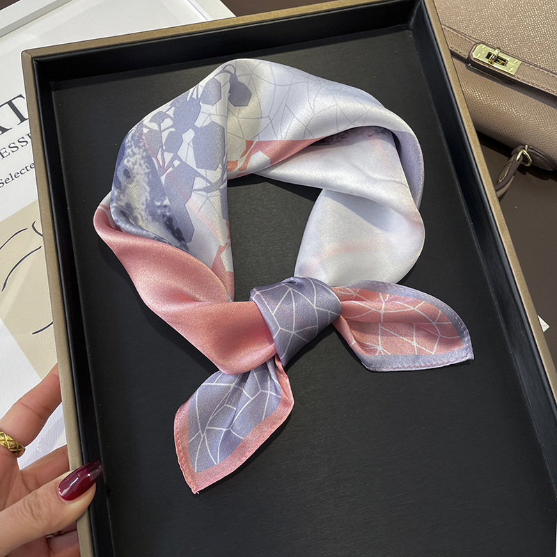

Spring and Autumn Korean Style Lightweight Stitching Tie-Dyed Flower Geometric Silk Mulberry Silk Scarf 53 Small Square Towel Workplace Wome
