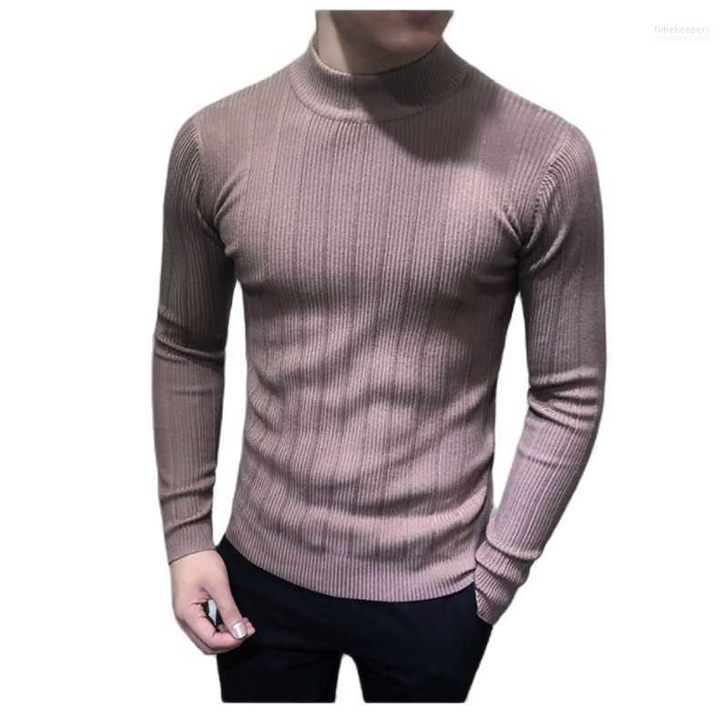 

Autumn And Winter Korean Edition Stripe All-match Men's Half High Neck Long Sleeve Sweater Middle Collar Knit Bottom Shirt Sweaters Time22, White