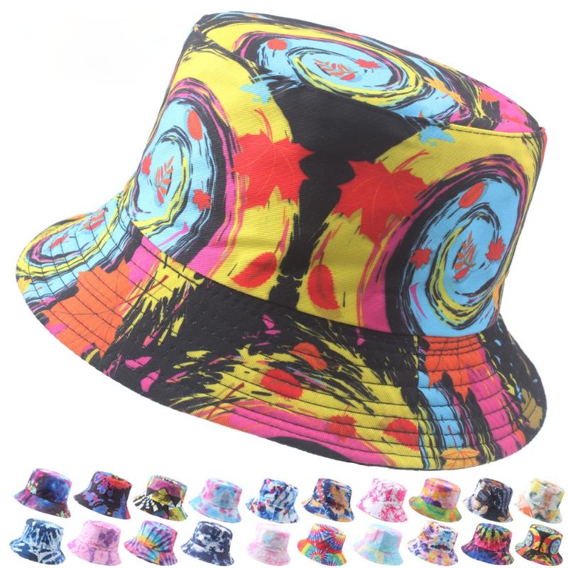 

Berets Reversible Summer Bucket Hat Harajuku Hats For Women Men Street Hip Hop Cap Rainbow Tie Dye Printed Fishing HatBerets