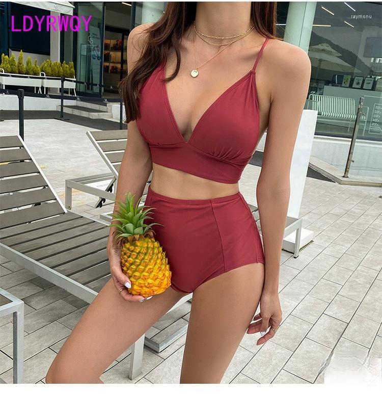 

Women' Swimwear 2022 Japanese And Korean Solid Color High Waist Sexy Big Breasts Gather Strappy Bikini Swimsuit Two-piece SuitWomen, Red
