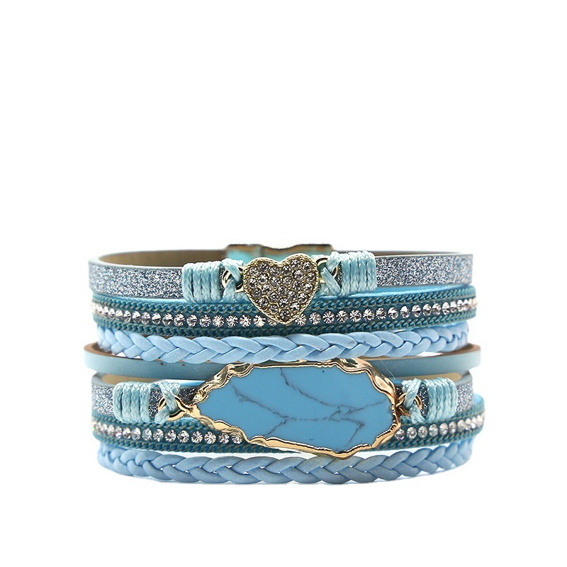 

Jewelry Blue Leather Magnet Buckle Bracelet Women's Creative Leaf Shaped Personality Multi-layer Bracelet