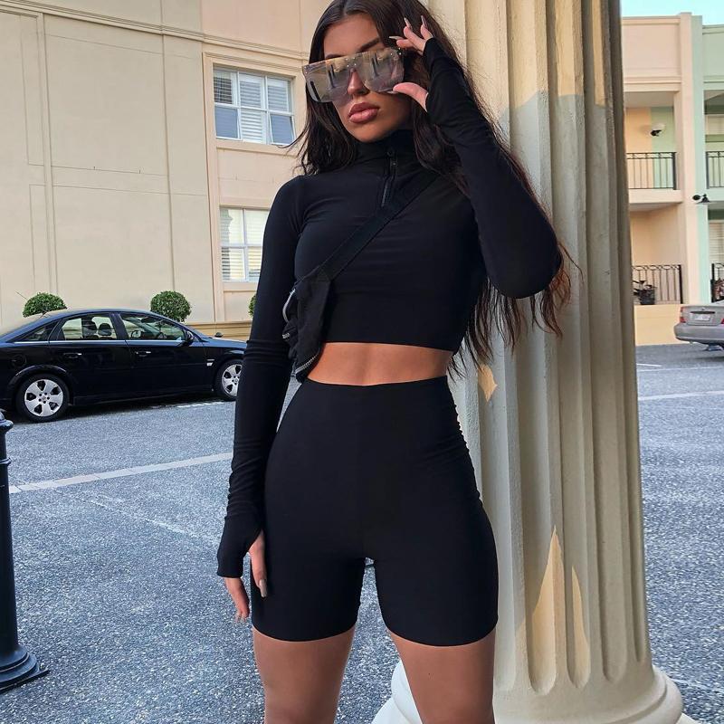 

Women' Shorts Long Sleeve Zipper High Neck Elastic Sexy Crop Tops 2-Pieces 2022 Summer Autumn Women Fashion Casual Sports SetsWomen, Black