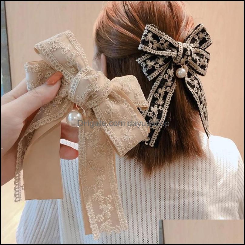 

Hair Clips Barrettes Jewelry Korean Fabric Big Bow Spring Clip Lady Lace Embroidery Hairgrip Holiday Gifts Wo Dhm8O