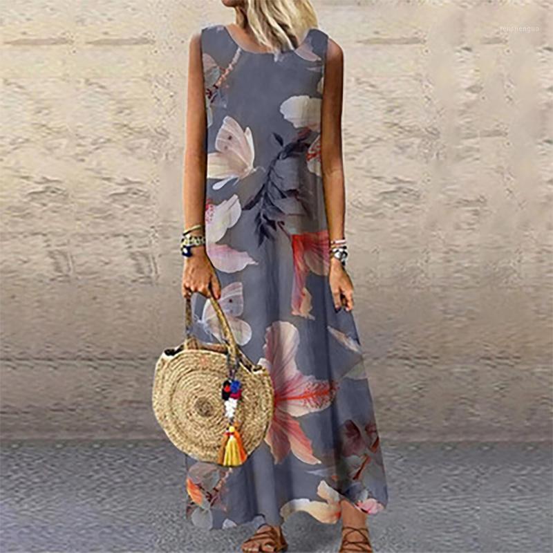 

Casual Dresses Summer Women' Dress 2022 Fashion Print O-neck Sleeveless Loose Long Robe Femme Été, Yellow