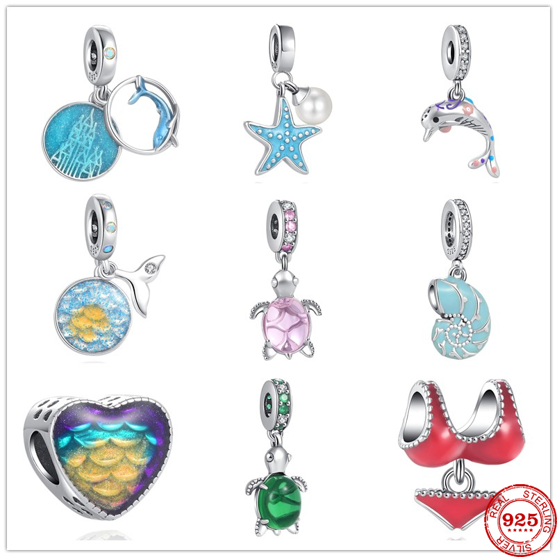 

925 Sterling Silver Dangle Charm New ocean dolphin whale murano glass turtle DIY Beads Bead Fit Pandora Charms Bracelet DIY Jewelry Accessories