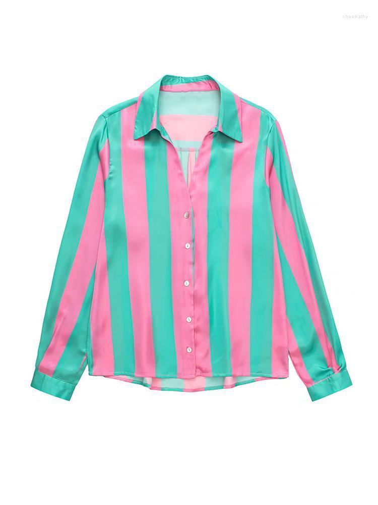 

Women's Blouses & Shirts Green And Pink Striped Women Shirt 2022 Summer Loose Single Breasted Top Turn Down Collar Vintage Long Sleeve TopsW