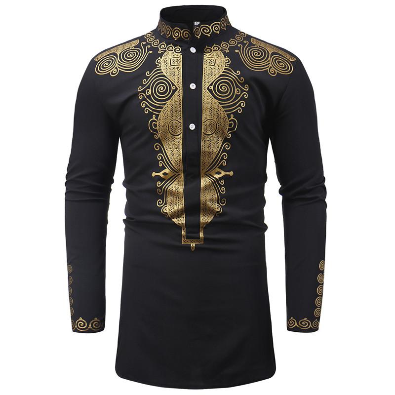 

Ethnic Clothing Mens African Dashiki Shirt Nice Brand Longline Stand Collar Long Sleeve Men Traditional Chemise Homme