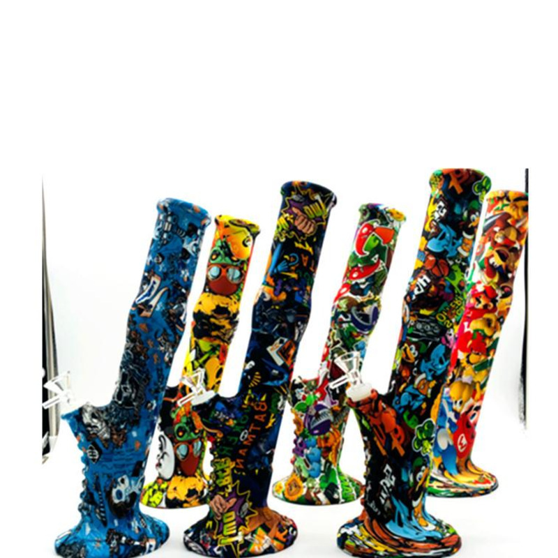 

Hookahs 2 styles Silicone Bongs Printing pipe water oil smoking heady beaker Dab Rigs Percolators Perc bong With Glass Bowl
