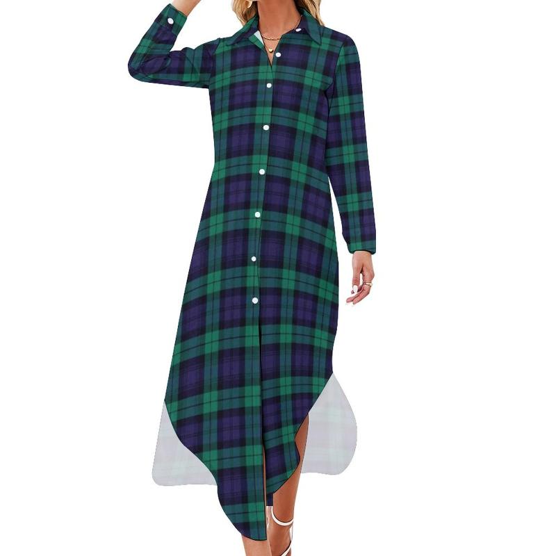

Casual Dresses Green Black Checkerboard Dress Retro Plaid Print Long Sleeve Elegant Chiffon V Neck Sexy Oversized Vestidos, Style-5