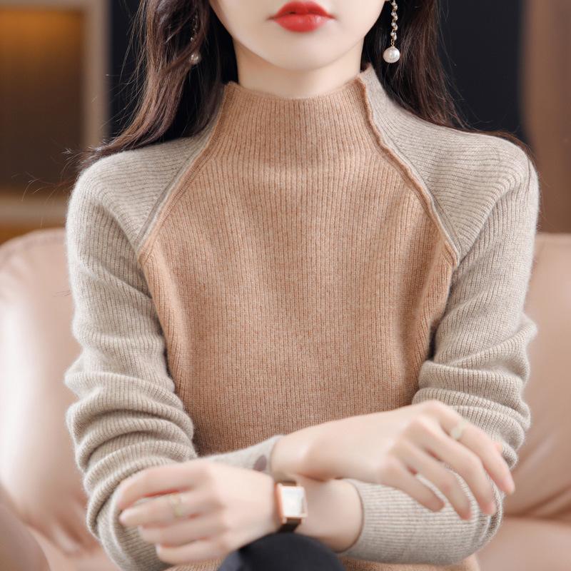 

Women' Sweaters Autumn And Winter Loose High Collar Woolen Sweater Women' Fashion Inner Match 100%Woolen Patchwork Base SweaterWomen, Black