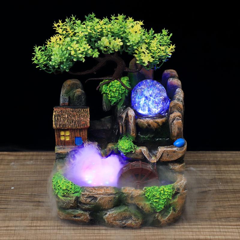 

Decorative Objects & Figurines Led Lights Resin Rockery Flowing Water Fountain Lucky Feng Shui Wheel Office Desktop Ornaments With Nebulizer