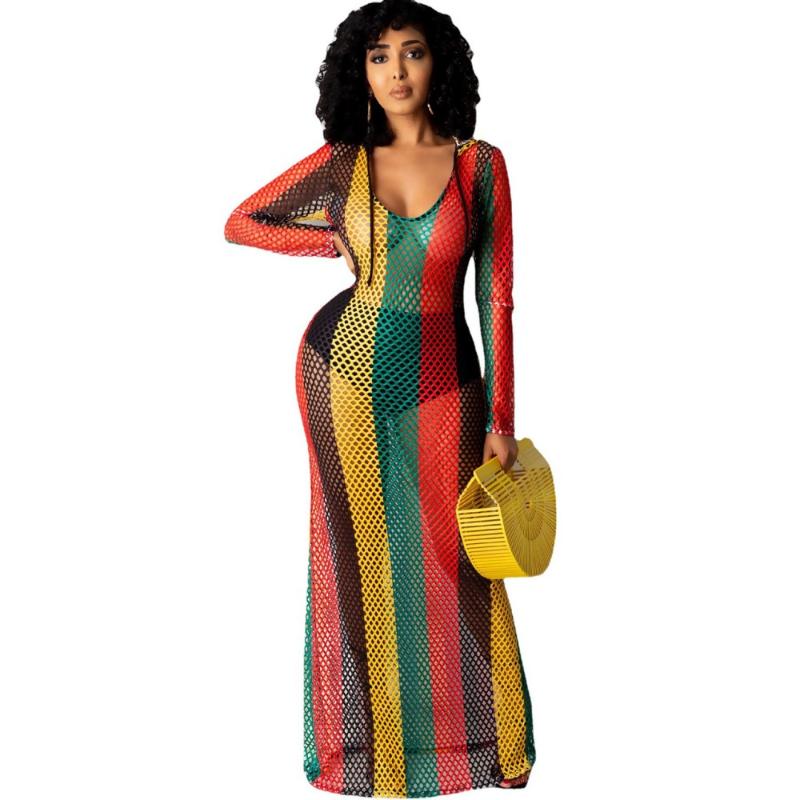 

Women's Swimwear Beach Net Skirt Female Hollow Perspective Top Color Stretch Mesh Long-sleeved Dress 2022 Summer Sexy Long S-2XLWomen's, Red