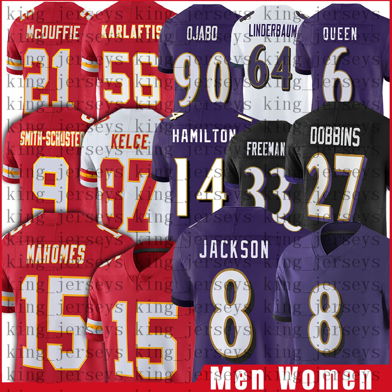 

15 Patrick Mahomes Chiefes Football Jerseys Raven 8 Lamar Jackson Travis Kelce JuJu Smith-Schuster Trent McDuffie Kyle Hamilton David Ojabo Patrick Queen, Women(qiu zhang)