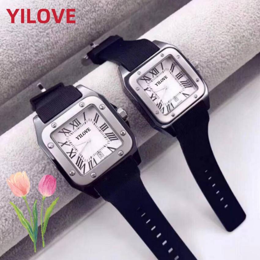 

Top Selling Fashion Brand Men And Women Watch Black Rubber Strap Lovers High Quality Designer Clock Square Dial Roman Word Nail Calendar Waterproof Wristwatches, As pic