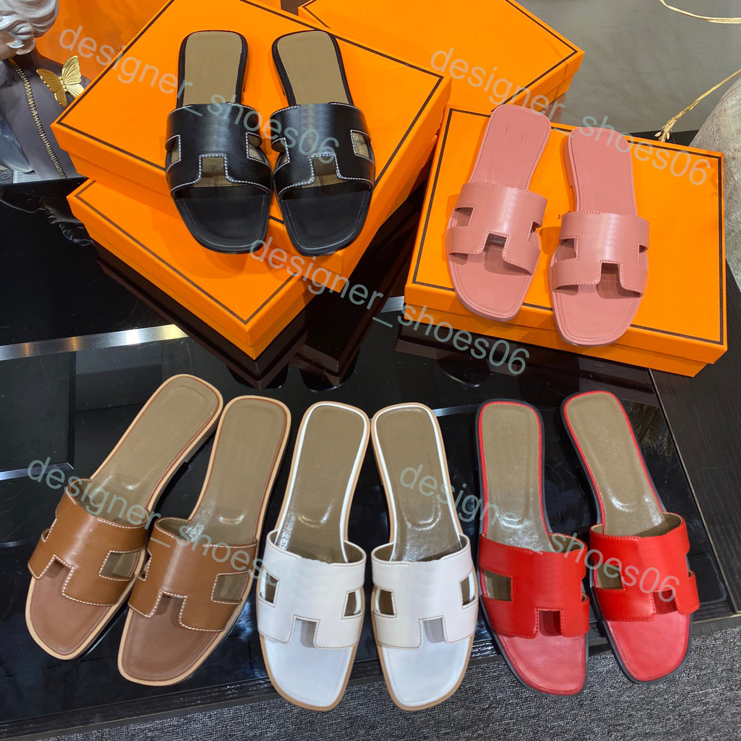 

Luxury designer slippers beach Classic Flat woman Summer lady Cartoon Big Head Leather Hotel Bath fashion women shoes Large size 35-41-42, Purple-litchi pattern