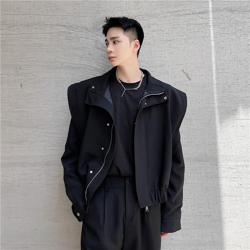 

Men' Jackets Jacket 2022 Spring And Autumn Fashion Personalized Double Shoulder Pad Stand Collar Loose Short Coat, Black