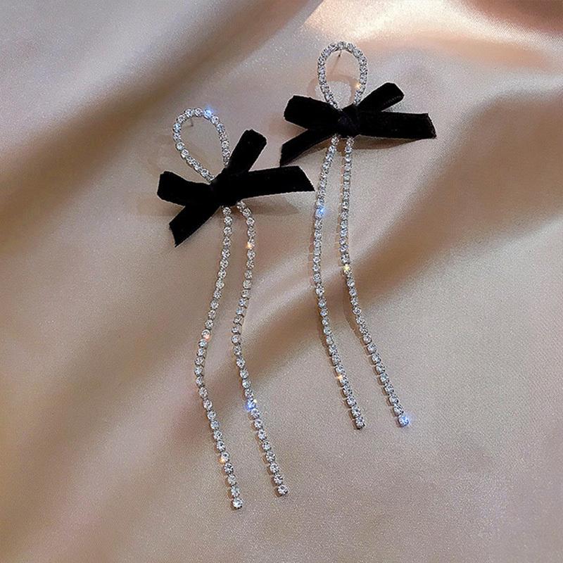 

Dangle & Chandelier Black Ribbon Bowknot Crystal Earrings For Women Wedding Jewelry Fashion Korean Long Tassel Earring Party GiftDangle