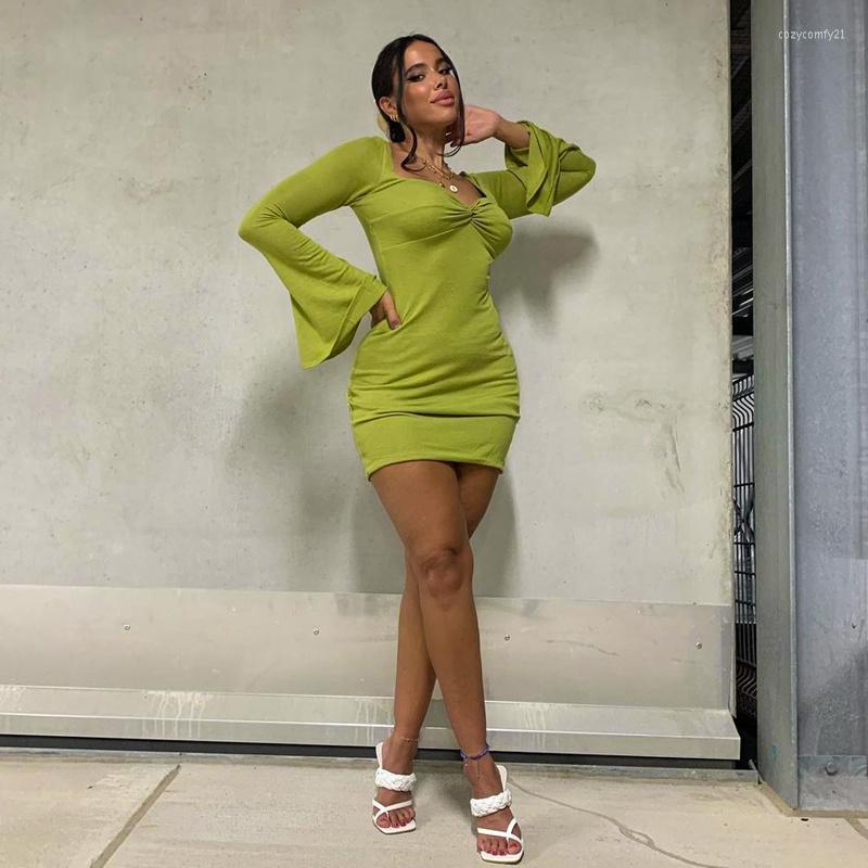 

Casual Dresses Cutubly Fashions Mini Dress Autumn Winter Party Square Neck For Women Long Flare Sleeve Female Clothing Solid, Green