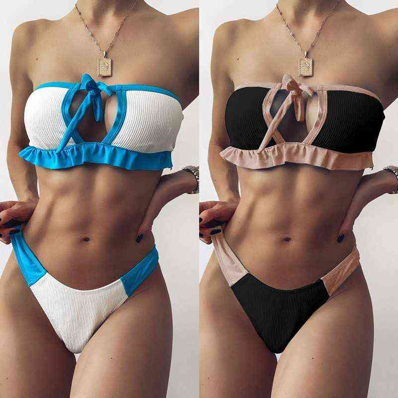

Bandeau Sexy Bikini Set Ruffle Cut Out Knot Bow Women Thong Swimsuit Patchwork Padded 2021 New Hot, White