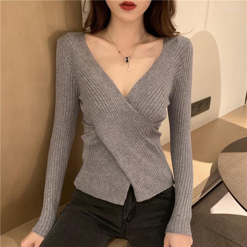 

Women's Sweaters DISEYAR V-Neck Sweater 2022 Autumn And Winter Long Sleeve Crossed Slim Knit Casual Ladies Tops, Black