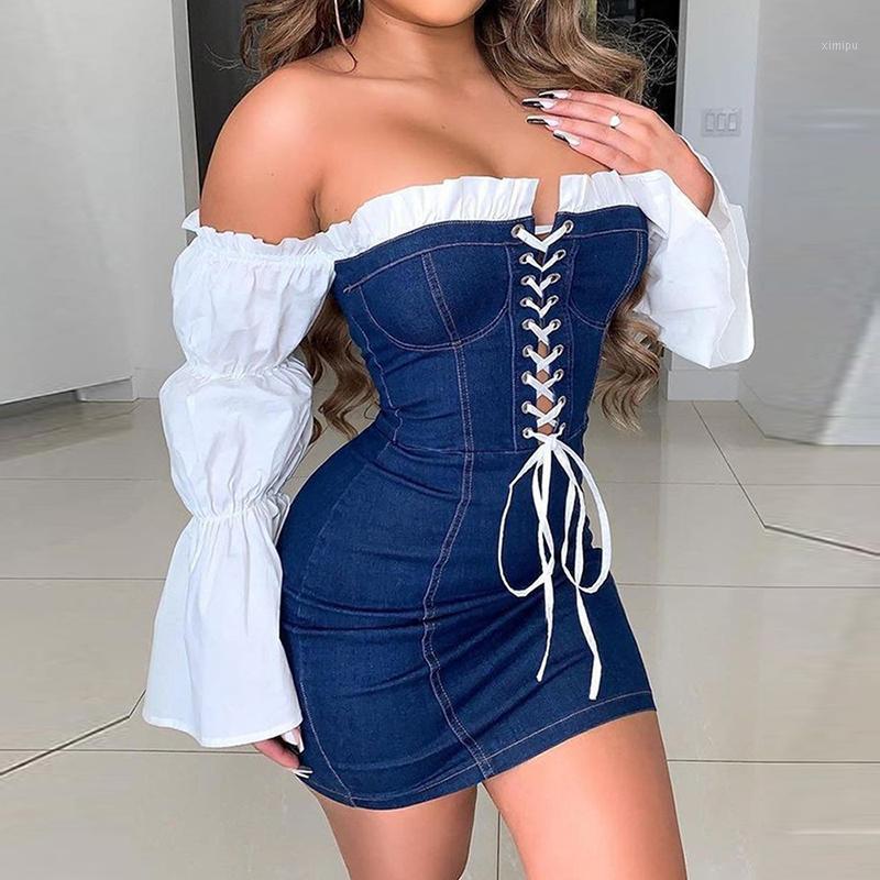 

Casual Dresses Women Sexy Slash Neck Flare Sleeve Chic Bandage Mini Dress Elegant Slim Patchwork Bodycon Party Lady Autumn Denim Vestido, Dark blue