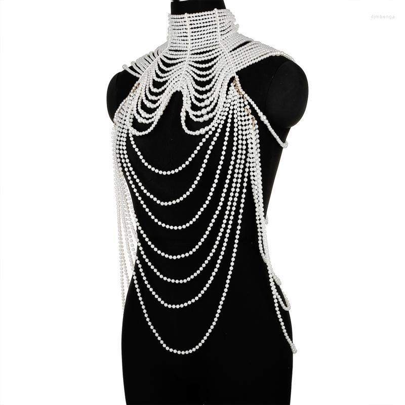 

Neck Ties 449B Women Multi Layered Simulated Pearl Bib Necklace Collar Beaded Tassel Faux Leather Shoulder Chain Bra Top Body Jewelry For
