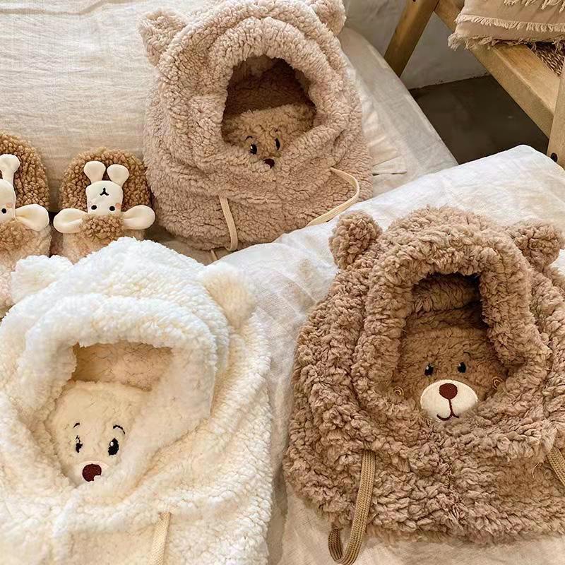 

Berets Cute Cartoon Bear Ear Cap Hat Warm Lamb Plush Thickened Protection With Mask Scarf Set Beanies For Women Girl, Khaki