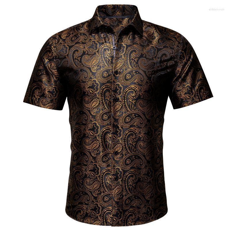 

Men' Dress Shirts Barry.Wang Luxury Gold Floral Mens Summer Fashion Silk Casual Shirt Stylish Lapel Pattern Short Sleeve Male Blouse FitMen, Cy-0223