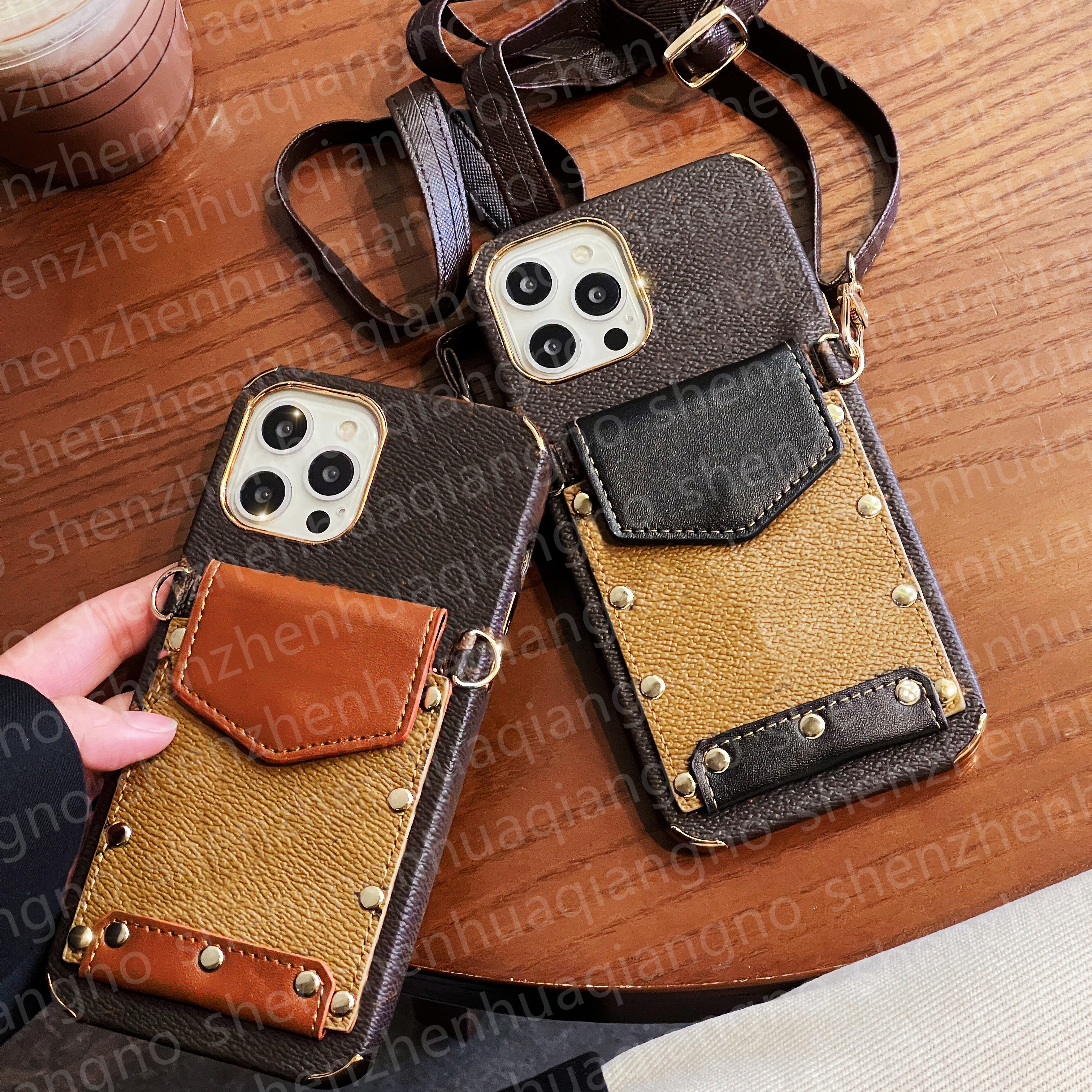 Designer Wallet Phone Cases for iPhone 15 14 13 Pro Max 12 Pro 11 X Handbag Case Fashion Luxury Brand Rivet Plating Card Holder Credit Pocket Coi-image-760758126