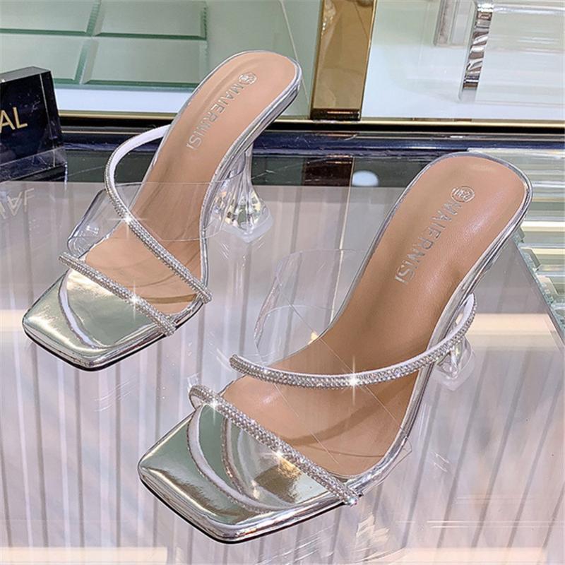 

Slippers 2022 Women Summer 9cm High Heels Slides Mules Lady Transparent Crystal Glitter Sandals Clear Sparkly Shoes, Black