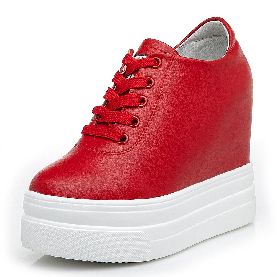 

Genuine Leather Platform Wedge Women Shoes 11cm Hidden Heel Spring Autumn Chunky Women Casual Shoes Breathable Comfy Shoes, White