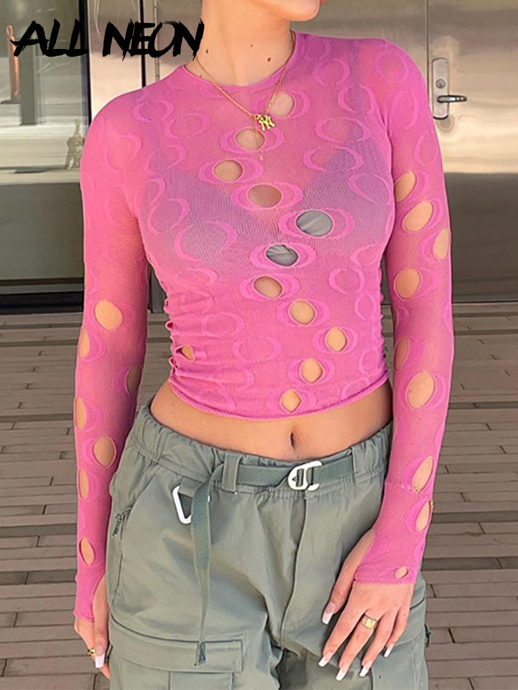 

ALLNeon 2000s Aesthetics Vintage Pink Hollow Out Crop Tops Y2K Fashion E-girl O-neck Printing Long Sleeve T-shirts Women