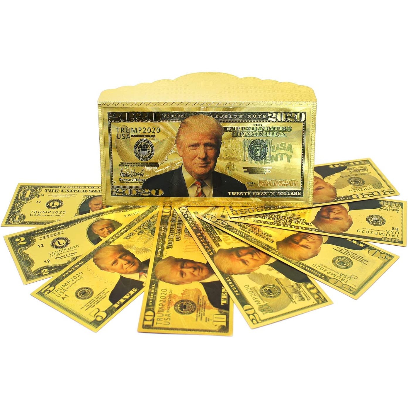 

Party Supplies Trump Dollar USA President Banknote Plastic Gold Foil Pleated Bills American General Election Souvenir Fake Money Coupon C0720G03, For pet