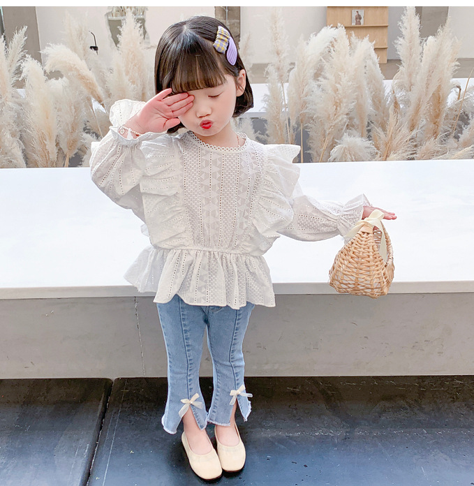 

Autumn Kids children clothes set girls ruffle shirt jeans 2pcs outfit baby lace shirt flare denim pants suit, As picture