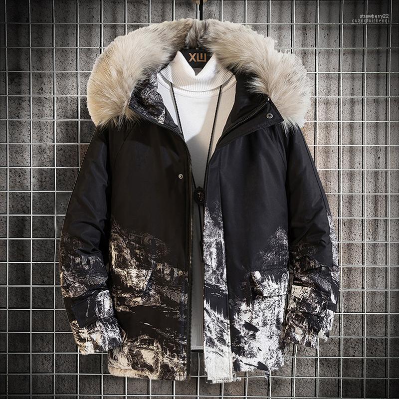 

Men's Down & Parkas Harajuku Japan Style Winter Jacket Men Print Street Fashion Fur Collar Thick Warm High Coat Casual Stra22, Black